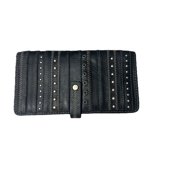 Vintage Fossil Leather Clutch Large Bifold Studded Wallet Black - Picture 1 of 6